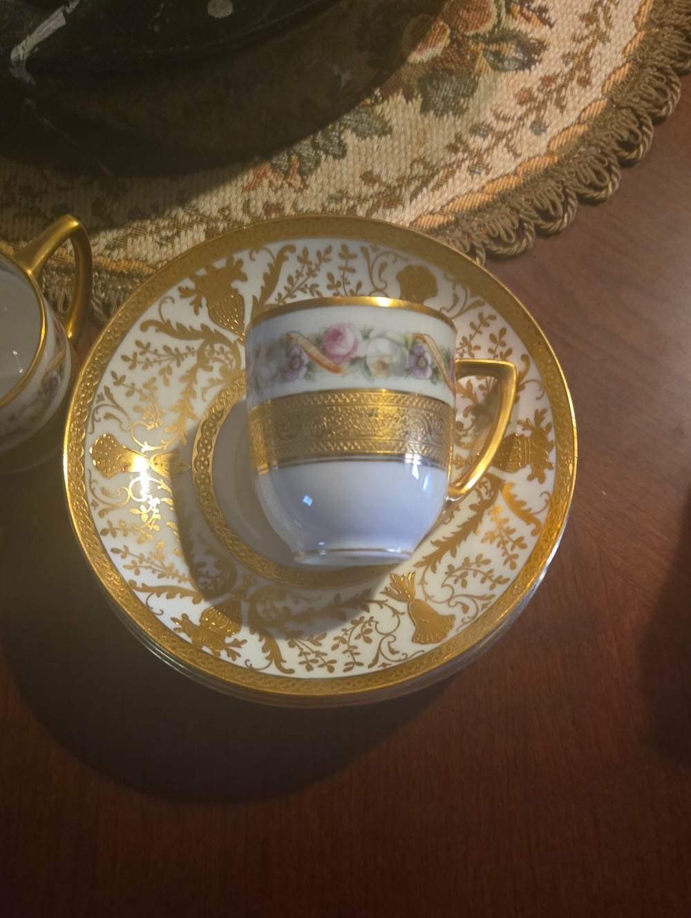 Antique Gilded White Porcelain Coffe Cup And Saucer- Classic  Dining Aristocrat